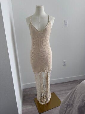 ZARA Knit Midi Dress Cream Lace Hem Bodycon Slip Dress